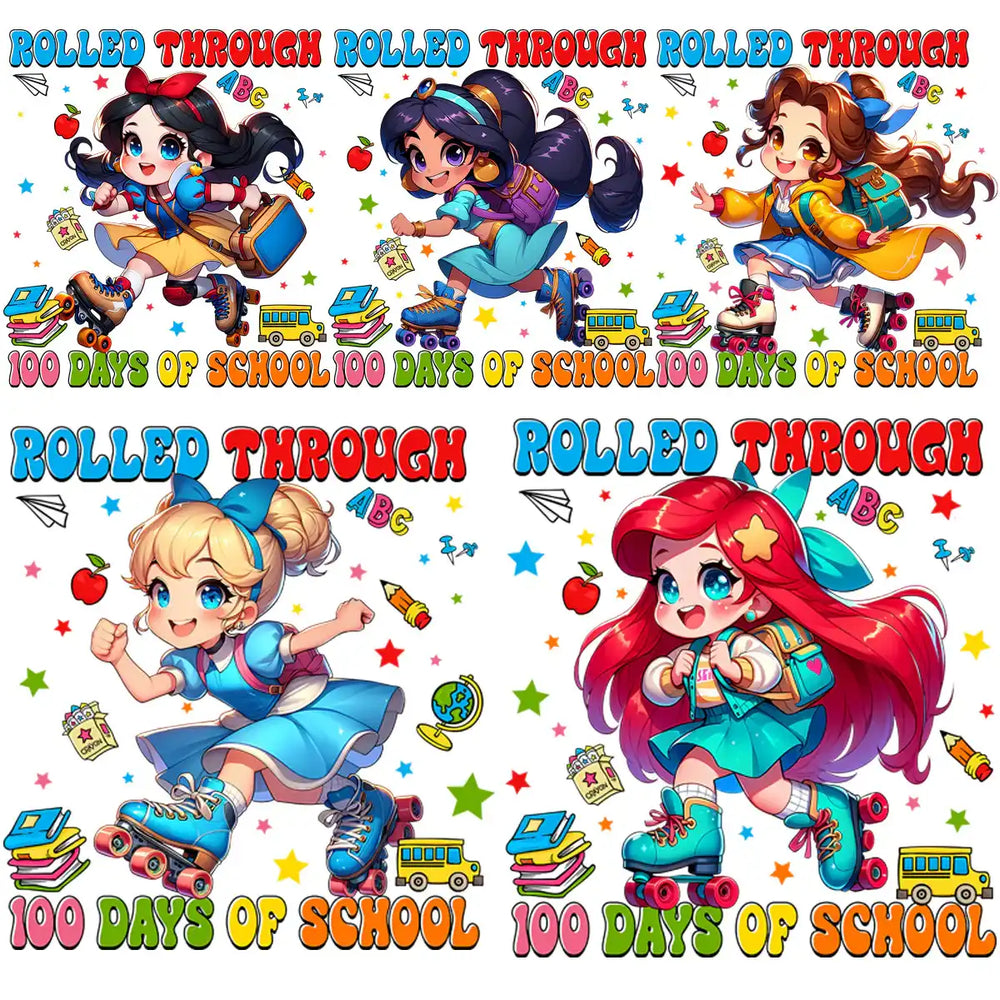 Cute cartoon girls roller skating with 'Rolled Through 100 Days of School' text, perfect for DTF/DTG designs.