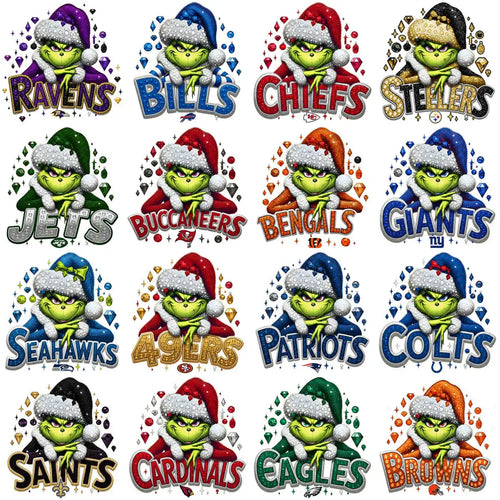 Grinch in NFL team hats with bling, print-ready designs for DTF, DTG, embroidery