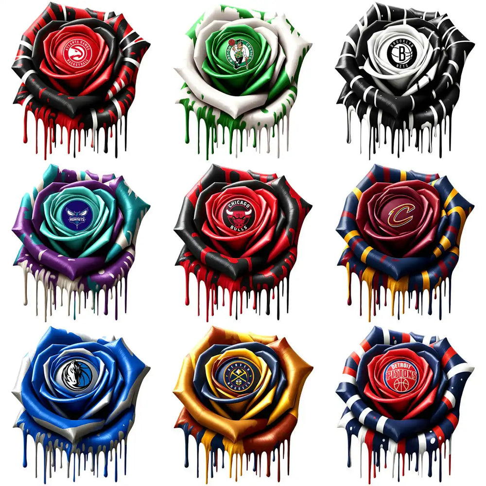 NBA team logo roses with dripping paint effect, perfect for DTF/DTG and embroidery designs.