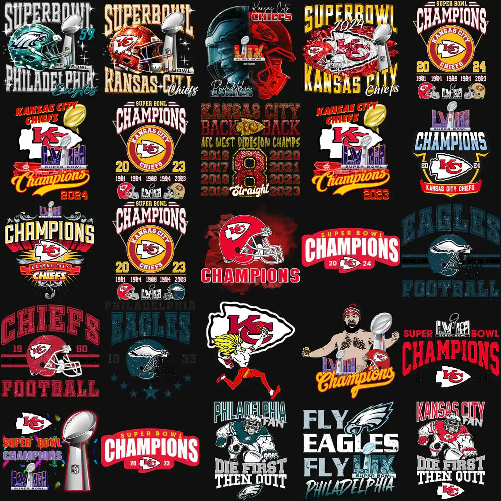 Kansas City Chiefs and Philadelphia Eagles Super Bowl Champions designs for DTG, DTF, embroidery