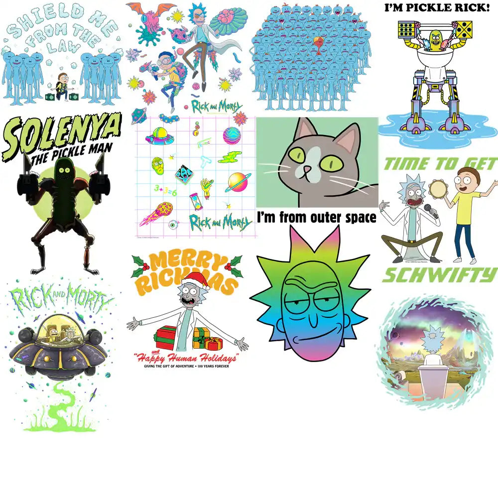 Rick and Morty print-ready designs for DTG, DTF, embroidery, and tumblers with vibrant, quirky art