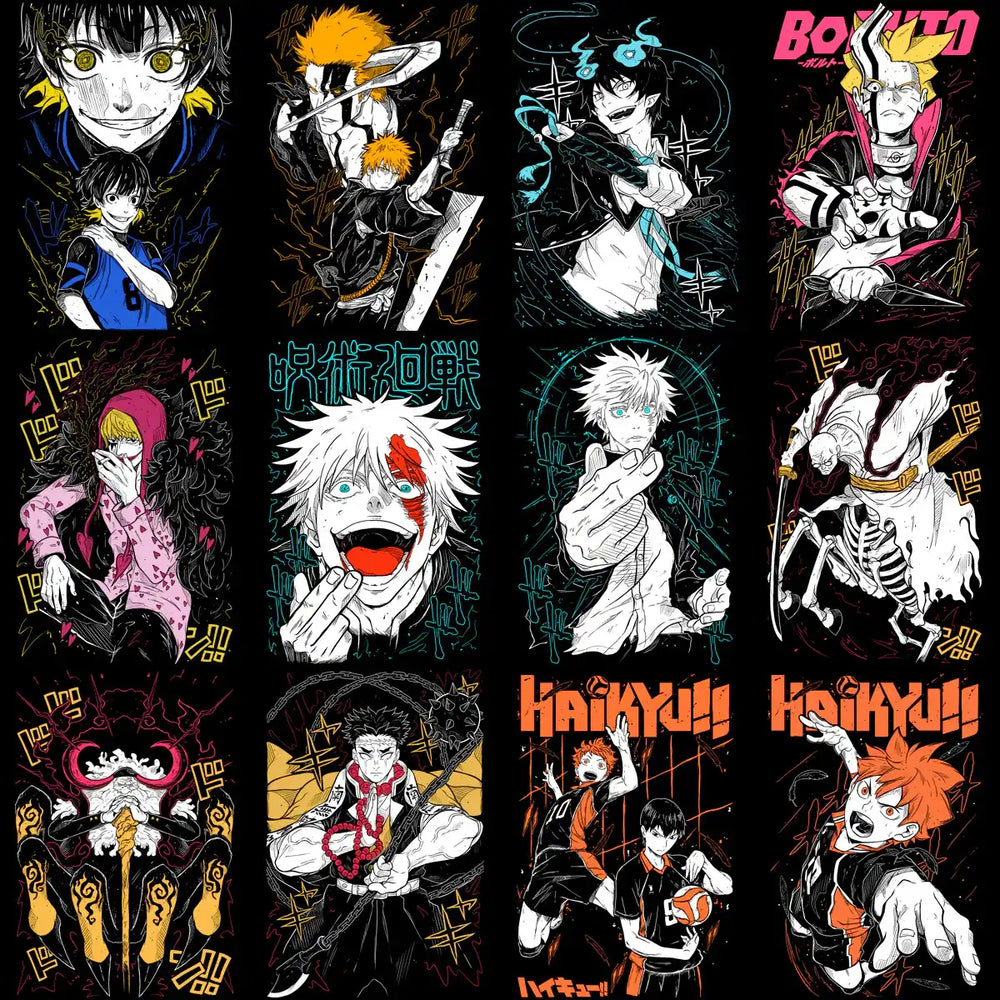 Anime character designs for DTF/DTG prints, embroidery, and tumbler wraps, featuring vibrant, action-packed art.