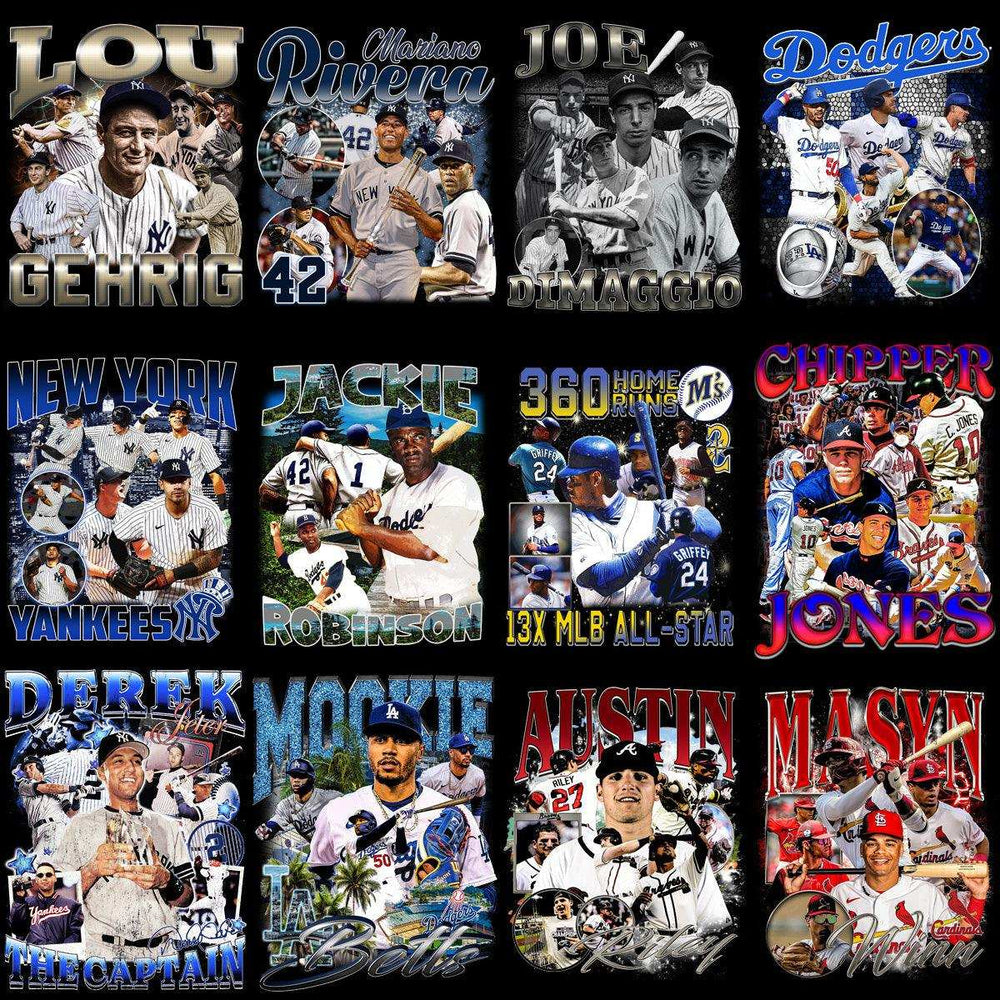 Baseball player collage designs for DTF, DTG, embroidery — Lou Gehrig, Mariano Rivera, Joe DiMaggio, Dodgers, Yankees, Jackie Robinson, Chipper Jones, Mookie Betts, Austin Riley, Masyn Winn