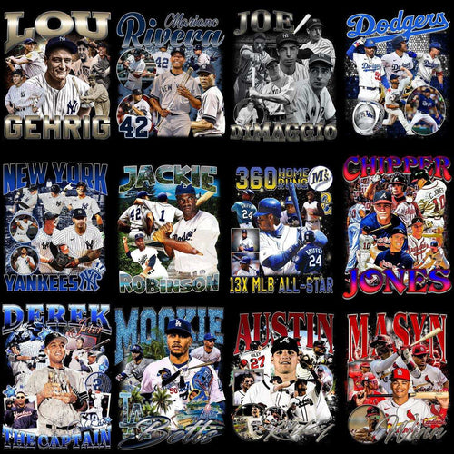Baseball player collage designs for DTF, DTG, embroidery — Lou Gehrig, Mariano Rivera, Joe DiMaggio, Dodgers, Yankees, Jackie Robinson, Chipper Jones, Mookie Betts, Austin Riley, Masyn Winn