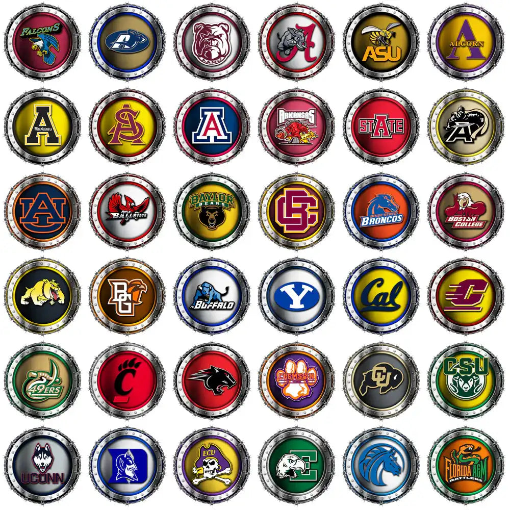 College sports team logos in metallic circular badges, ideal for DTF, DTG, and embroidery designs