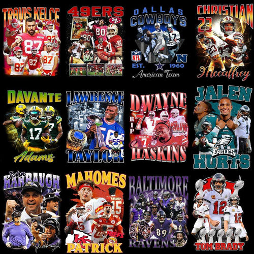 NFL football player designs for DTF/DTG, embroidery, and tumbler wraps featuring stars like Mahomes, Brady, and Haskins.