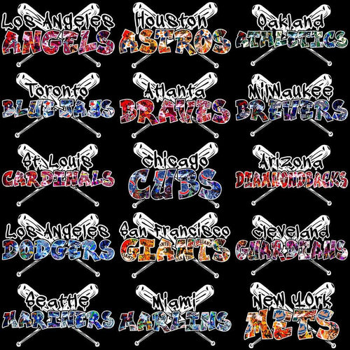 MLB team logos with crossed bats, colorful print-ready designs for DTF, DTG, embroidery