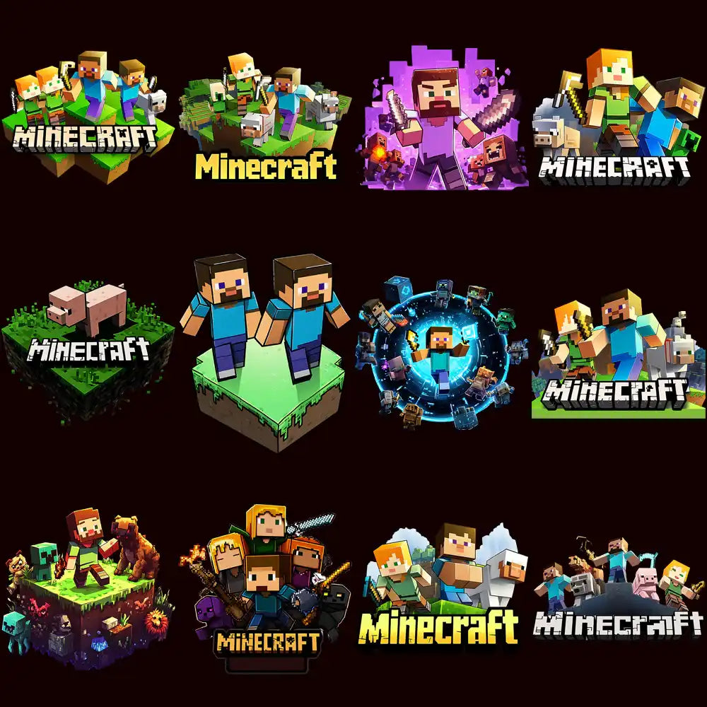 Minecraft-themed designs for DTF, DTG, embroidery, and tumbler wraps, featuring iconic characters and scenes.