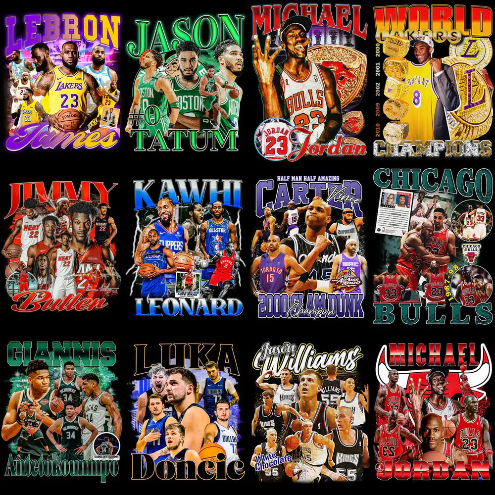 Basketball player designs for DTF/DTG, embroidery, and tumbler wraps featuring NBA stars and team logos.