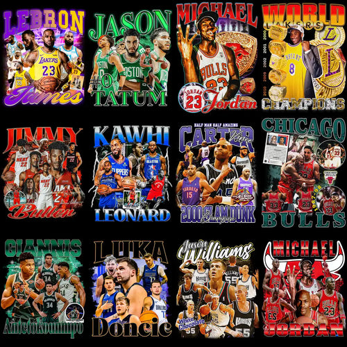 Basketball player designs for DTF/DTG, embroidery, and tumbler wraps featuring NBA stars and team logos.