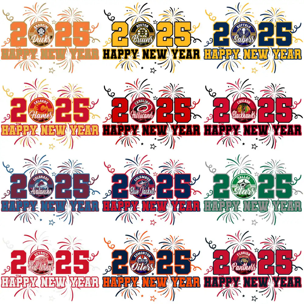 2025 Happy New Year NHL team designs with fireworks for DTF/DTG and embroidery