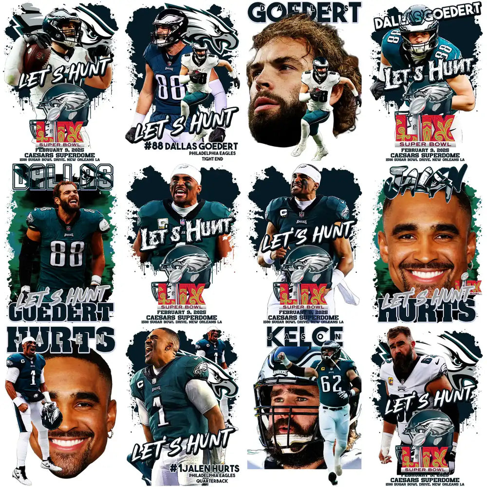 Philadelphia Eagles Super Bowl LIX designs featuring players like Dallas Goedert and Jalen Hurts, print-ready graphics.