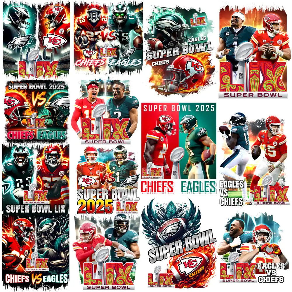 Super Bowl LIX Chiefs vs Eagles designs for DTF, DTG, embroidery, and tumbler wraps