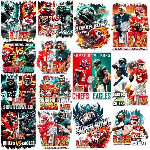 Super Bowl LIX Chiefs vs Eagles designs for DTF, DTG, embroidery, and tumbler wraps