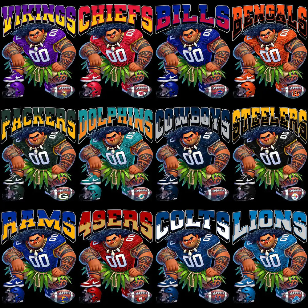 NFL team designs with cartoon football players in jerseys, helmets, and tropical skirts for DTF/DTG printing.