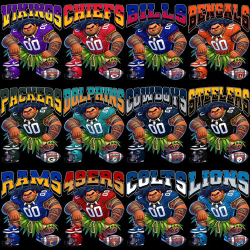 NFL team designs with cartoon football players in jerseys, helmets, and tropical skirts for DTF/DTG printing.