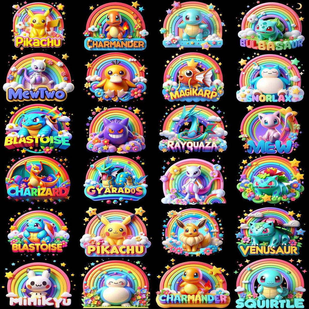 Cute Pokémon characters like Pikachu, Charmander, and Squirtle in rainbow-themed designs for DTF/DTG printing.
