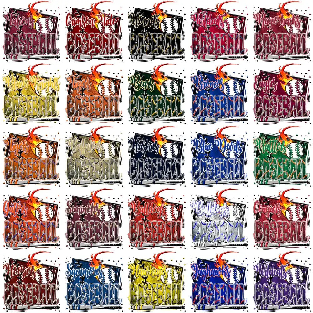 Baseball team designs with fiery effects, ideal for DTF/DTG and embroidery projects.