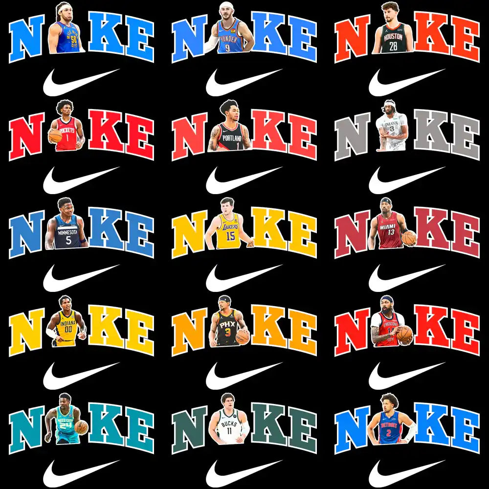 Basketball player designs with Nike swoosh, team colors, and custom text for DTF/DTG printing