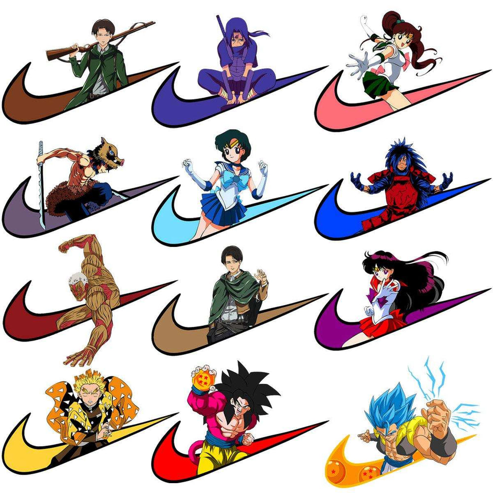 Anime characters in Nike swoosh designs, print-ready for DTF, DTG, embroidery, tumbler wraps