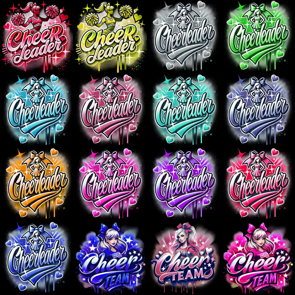 Vibrant cheerleader and cheer team designs for DTF, DTG, embroidery, tumbler wraps — print-ready PNG, SVG, PES