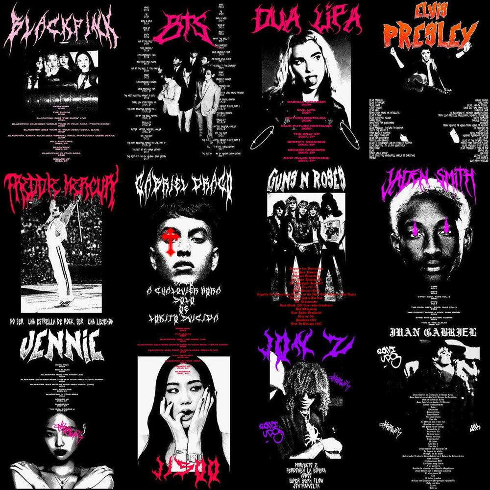 Music artist collage with bold text, print-ready designs for DTF, DTG, and embroidery.
