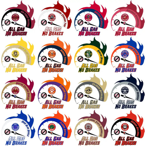 All Gas No Brakes speedometer designs with college team logos and flame accents for DTF/DTG printing