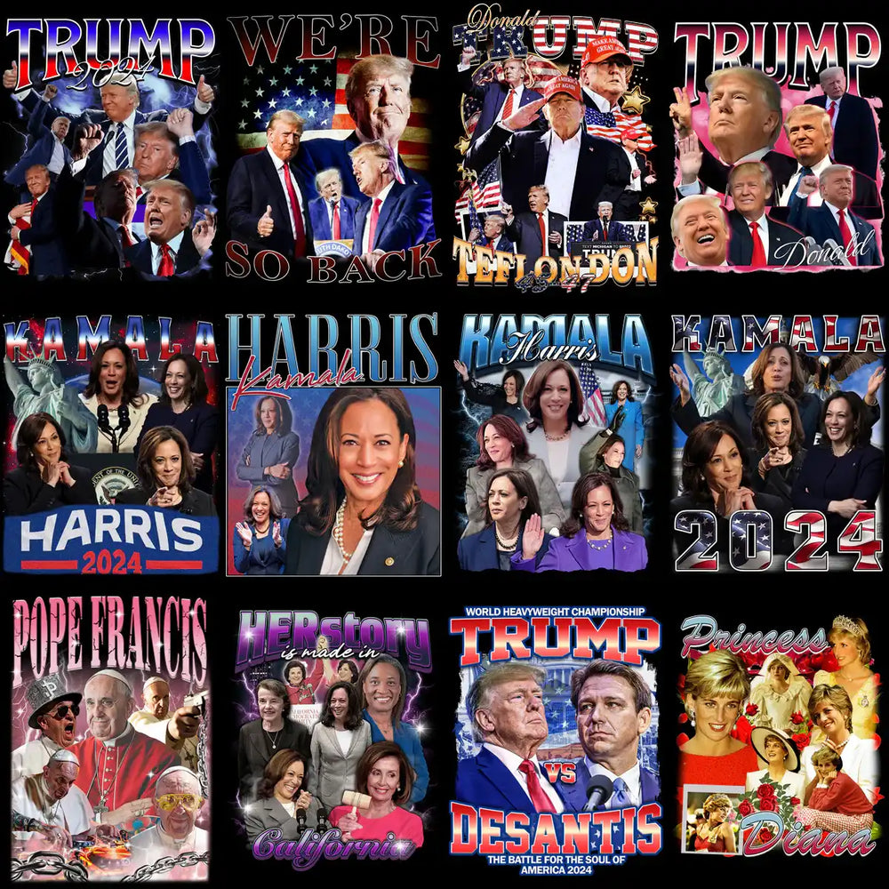 Political and royal figure designs for DTF, DTG, embroidery — Trump, Harris, Pope Francis, Princess Diana 2024