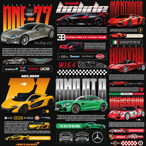 Luxury supercars including Bugatti, Lamborghini, McLaren, and Porsche with performance specs and branding details.