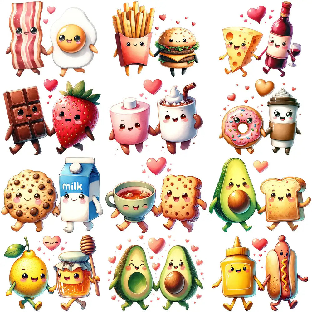 Cute kawaii food characters with hearts, perfect for DTF, DTG, and embroidery designs.