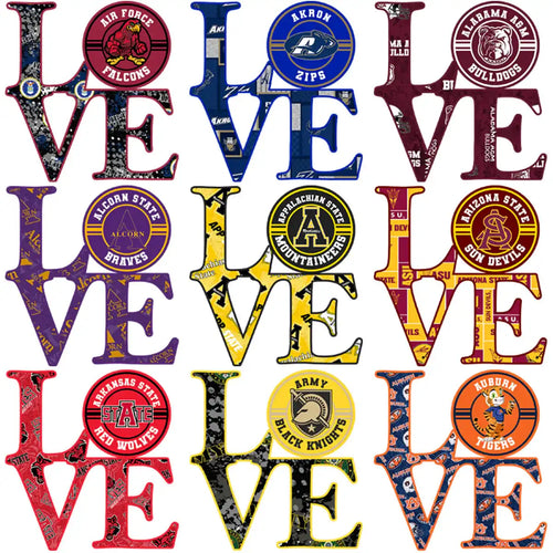 College team LOVE designs for DTF/DTG, embroidery, and tumbler wraps, featuring logos and vibrant colors.
