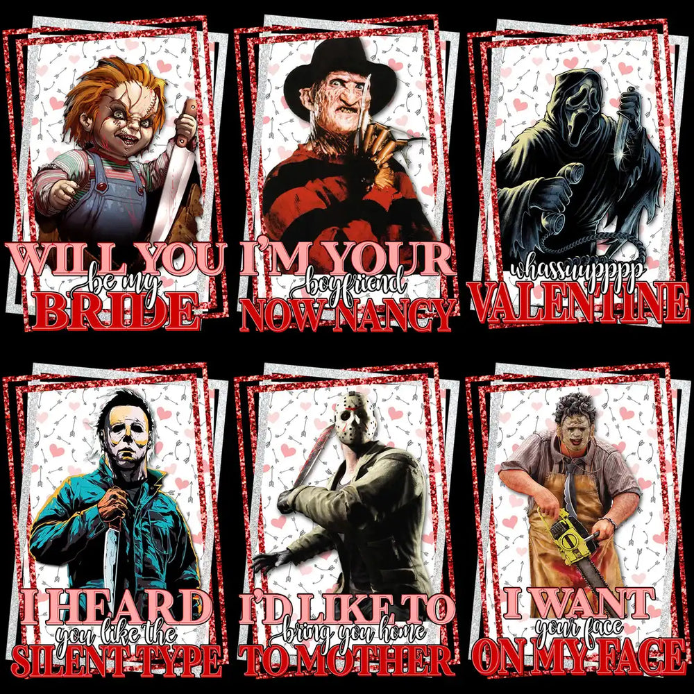 Horror-themed Valentine's Day cards featuring iconic movie villains with playful, spooky messages.