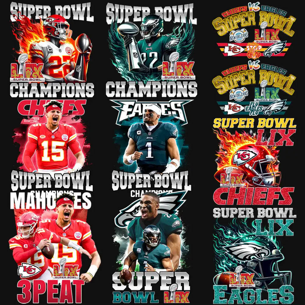 Super Bowl LIX Champions Chiefs vs Eagles t-shirt designs, print-ready PNG SVG for DTF DTG