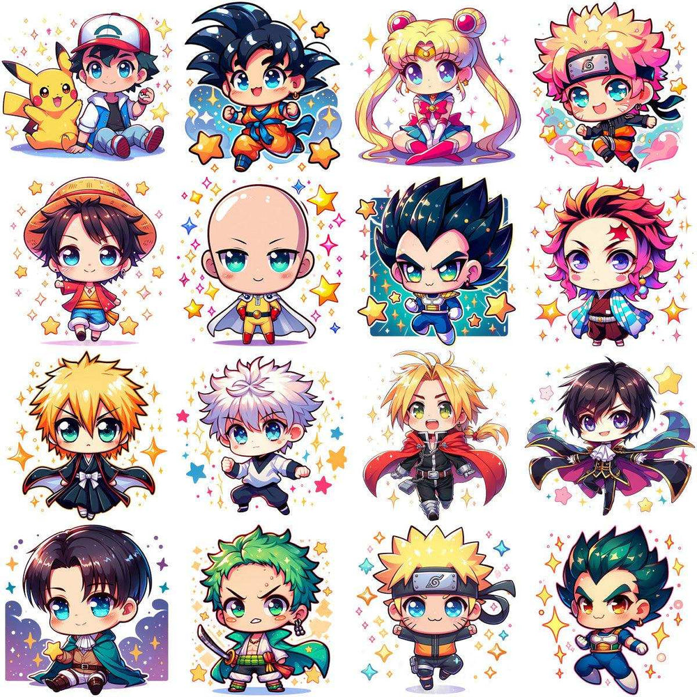 Cute chibi anime characters with stars, perfect for DTF, DTG, and embroidery designs.