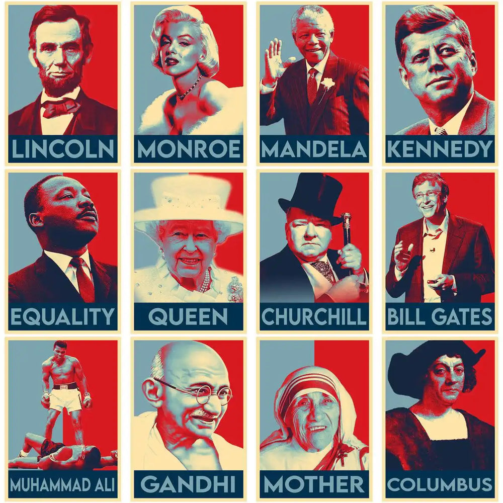 Historical figures pop art posters with bold red and blue designs for print-ready use