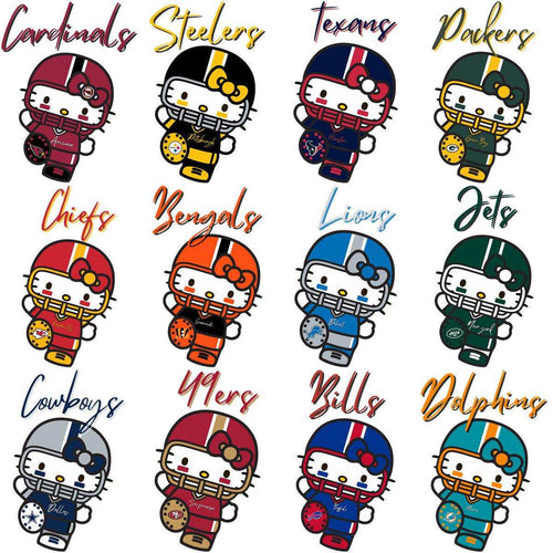 Hello Kitty in NFL team uniforms, cute football designs for DTF/DTG and embroidery