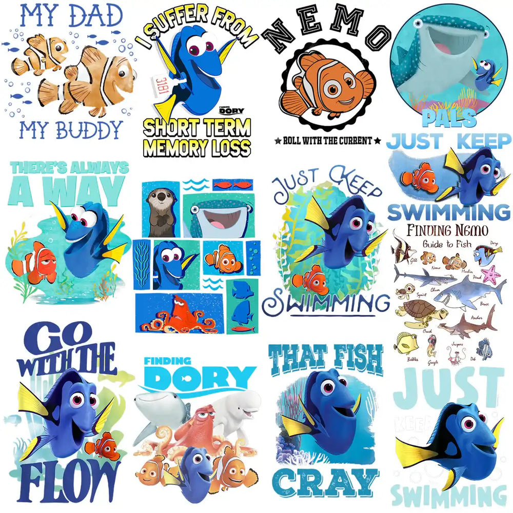 Finding Nemo and Dory themed designs with quotes like 'Just Keep Swimming' for print-ready use.