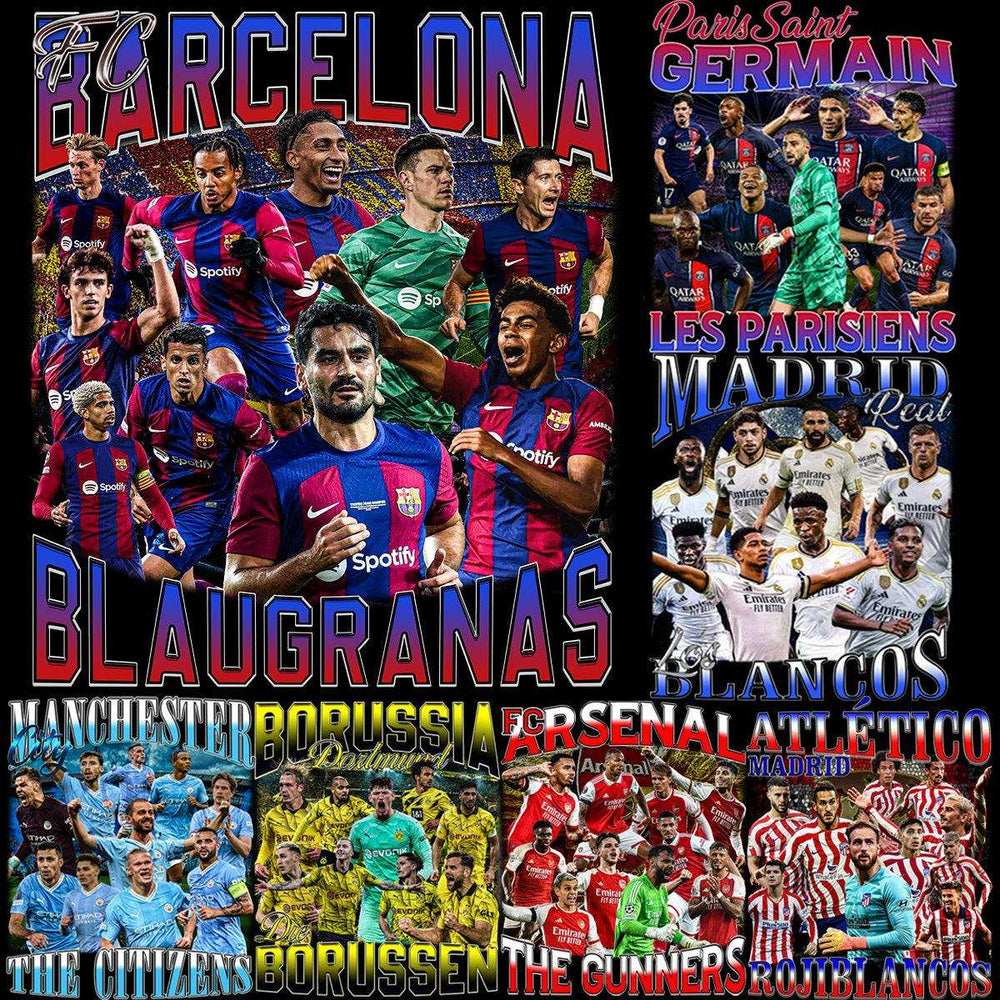 Football team collages featuring FC Barcelona, PSG, Real Madrid, Arsenal, and more with vibrant jerseys and fan slogans.