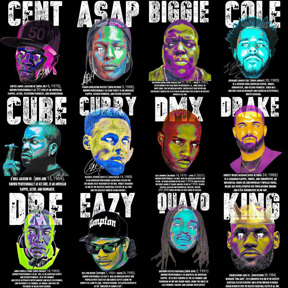 Vibrant neon pop art portraits of hip hop legends & NBA stars, print-ready for DTF DTG designs