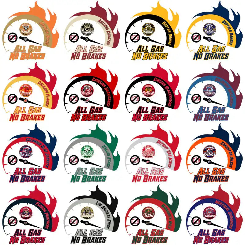 All Gas No Brakes speedometer designs for DTF/DTG, embroidery, and tumbler wraps with team logos