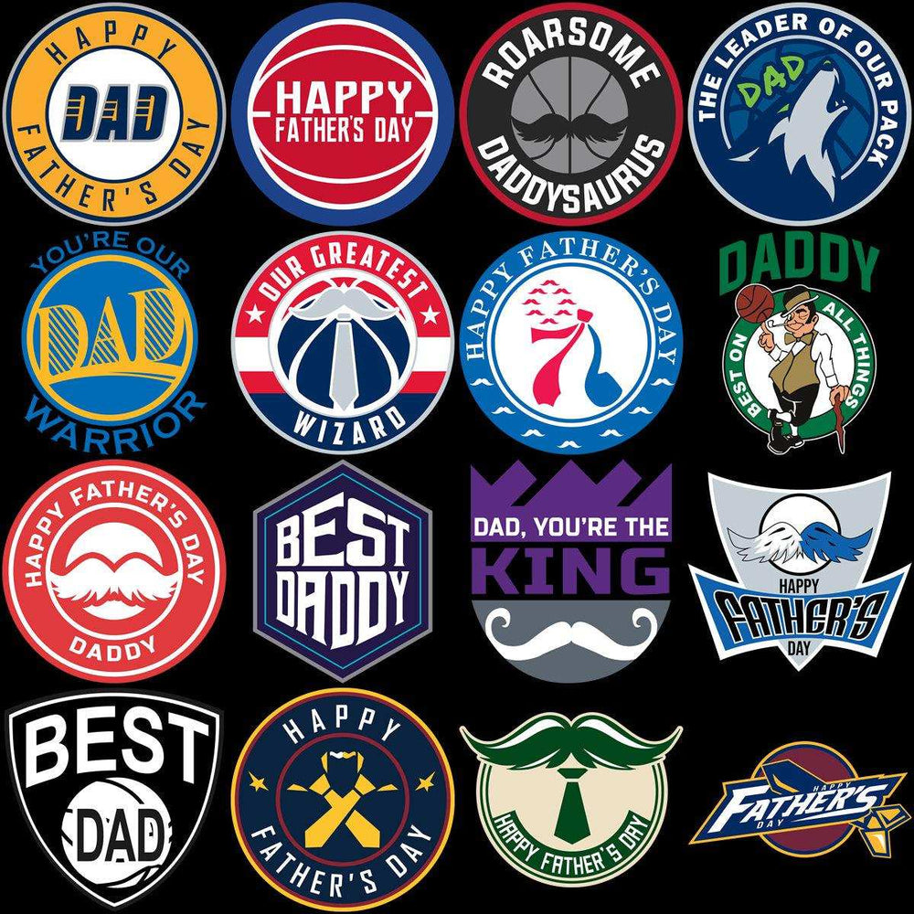 Father's Day designs: funny, sports & mustache-themed print-ready graphics for shirts, gifts, and more.