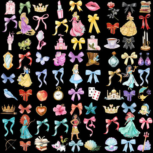 Disney princesses, bows, crowns, and fairy tale elements for DTF, DTG, embroidery designs