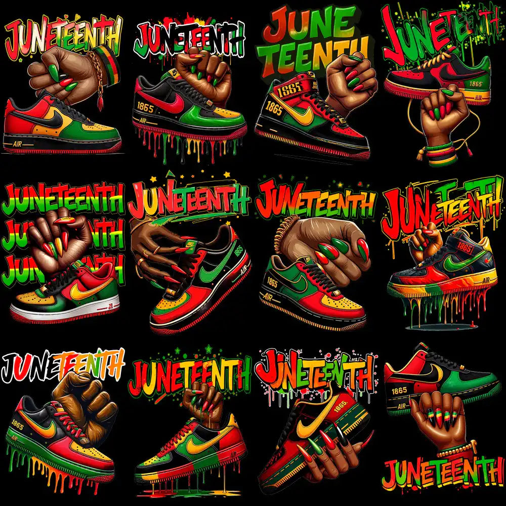 Juneteenth sneaker designs with bold colors, raised fists, and '1865' text for DTF/DTG printing