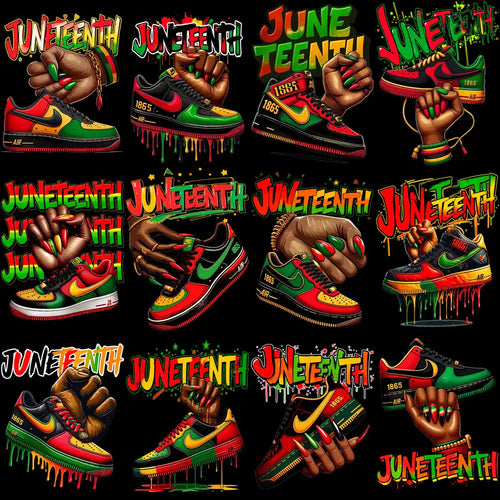 Juneteenth sneaker designs with bold colors, raised fists, and '1865' text for DTF/DTG printing