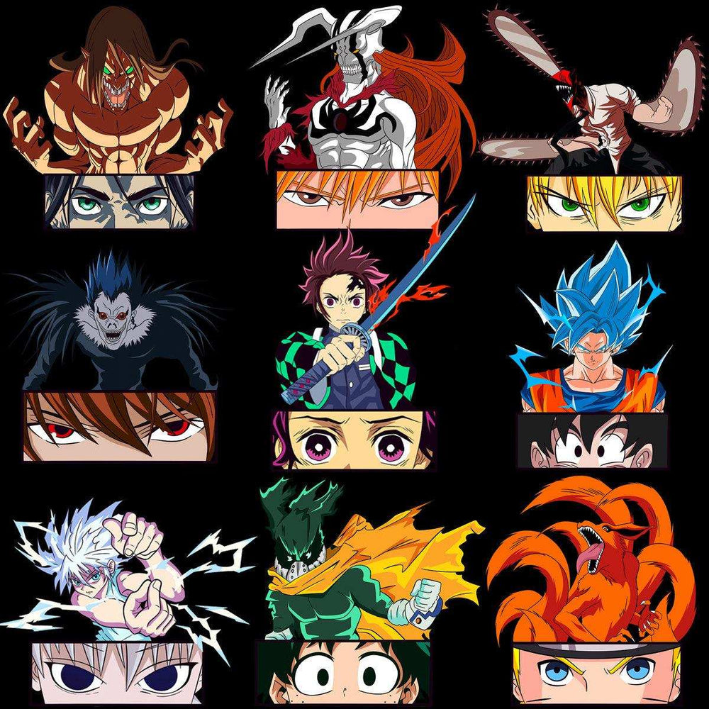 Anime character designs with bold eyes and dynamic poses for DTF/DTG printing