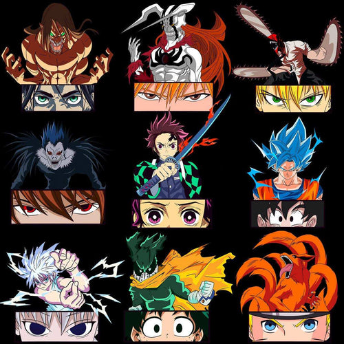 Anime character designs with bold eyes and dynamic poses for DTF/DTG printing
