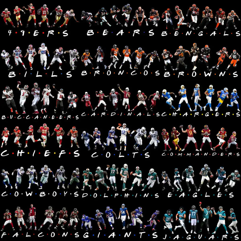 NFL team players in action poses with team names styled like Friends TV show title