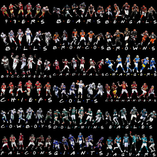 NFL team players in action poses with team names styled like Friends TV show title