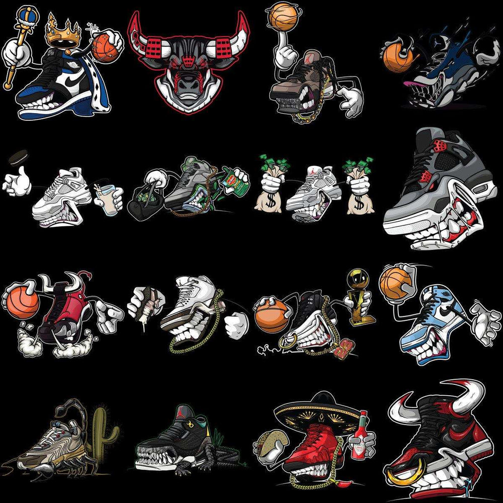 Funny sneaker designs with cartoon faces, basketballs, and accessories for DTF, DTG, embroidery
