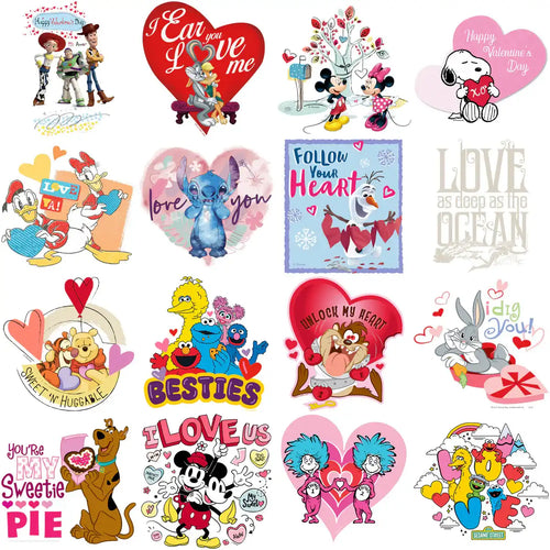 Valentine's Day designs featuring Disney, Looney Tunes, and Sesame Street characters with hearts and love themes